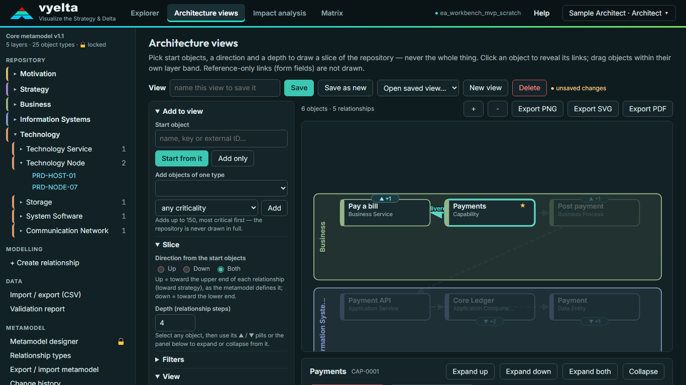 An architecture view in dark mode
